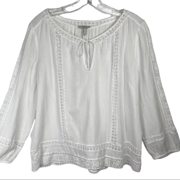 Joie Tops - Joie Women’s White Lace Inset Gauzy Cotton Crochet Peasant Top Blouse Large